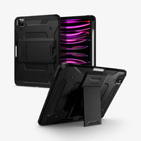 ACS01021 - iPad Pro 11" Case Tough Armor Pro in black showing the back, front and device propped up by built in kickstand